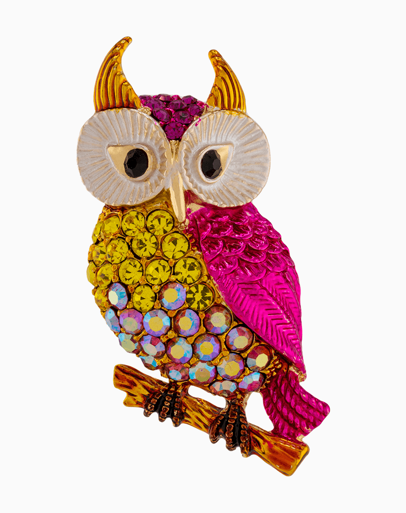 BHWGOCXX02000018 `Shooka Vibrant Owl Brooch in Fuchsia & Yellow