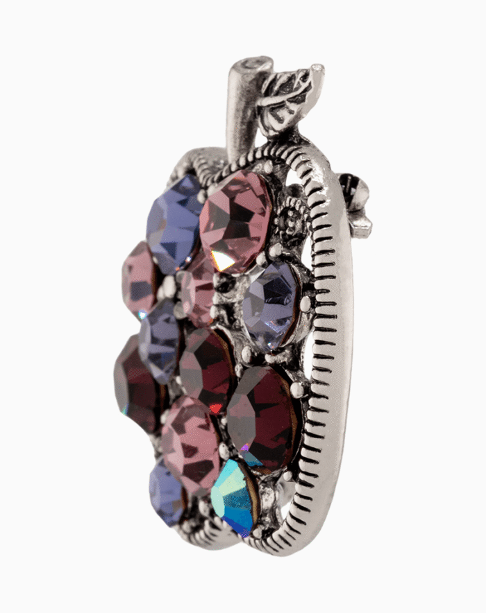 Shooka Antique Silver Apple Brooch with Purple & Pink Crystals