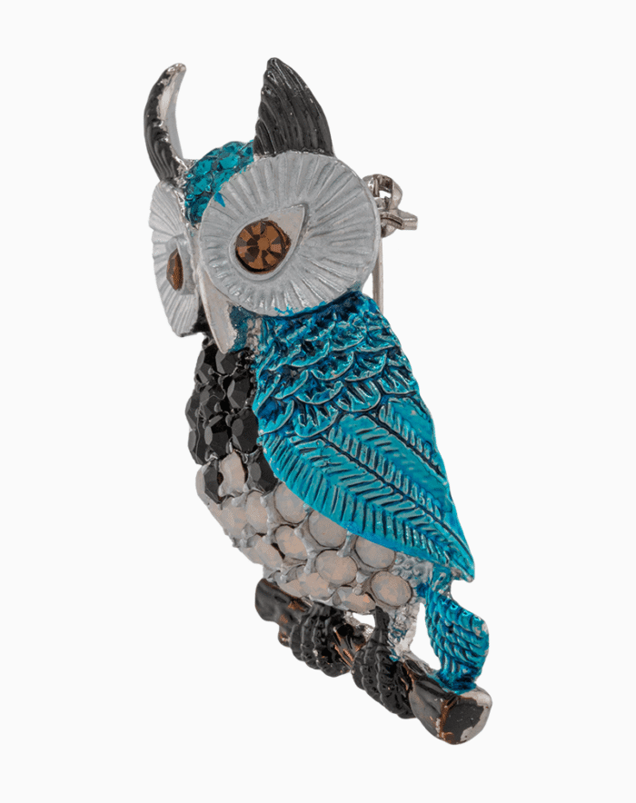 Shooka Silver-Tone Owl Brooch with Turquoise Enamel & Crystals