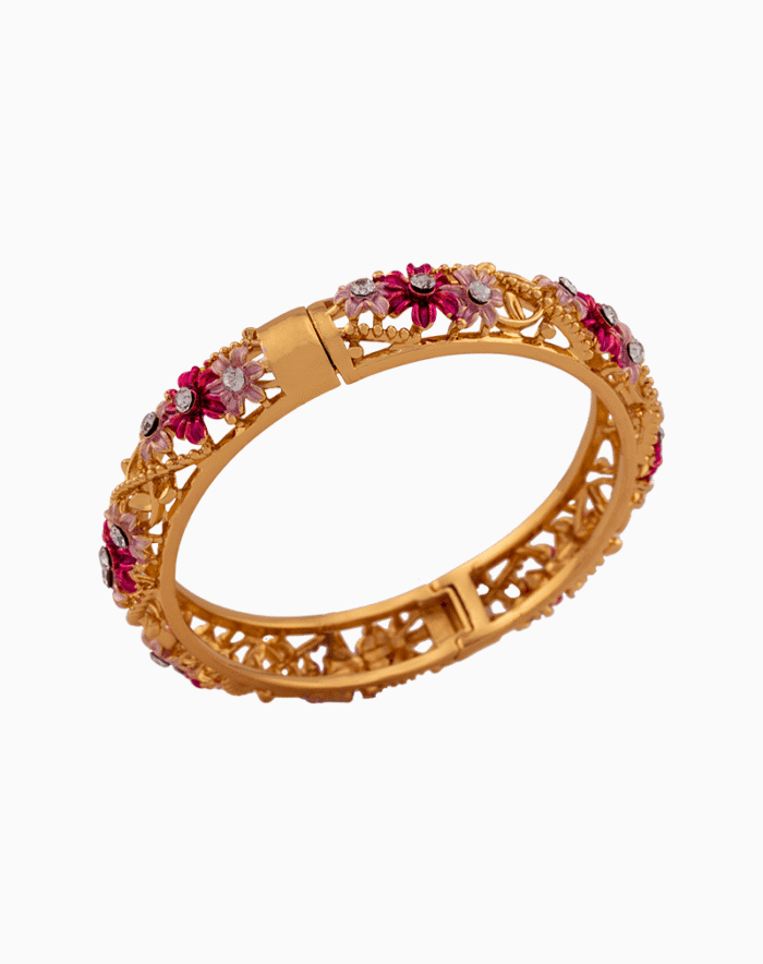 Shoucka Women's Magenta Blossom Crystal Bangle | Gold Plated