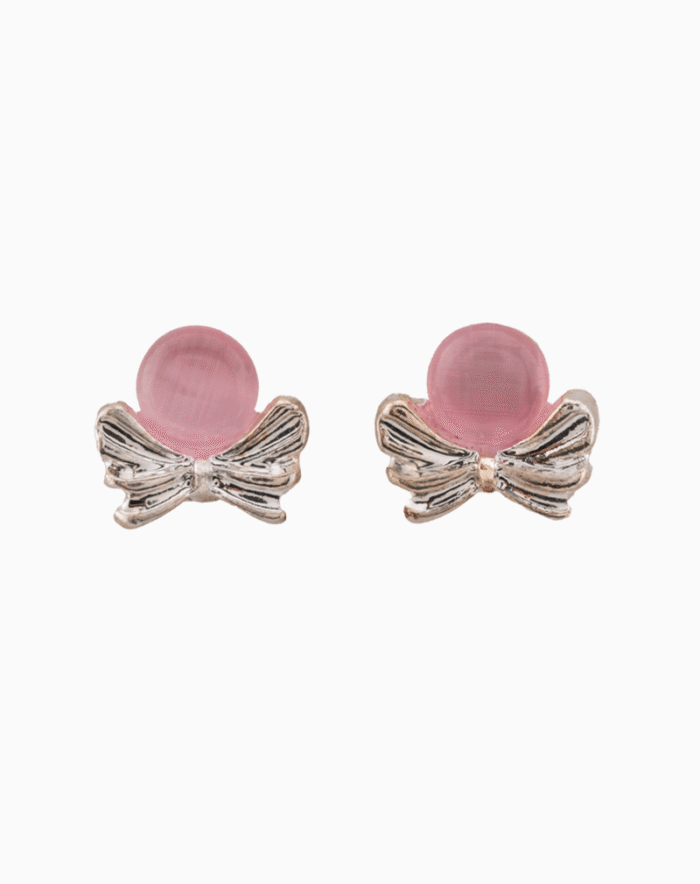 `Shooka Mini Bow Stud Earrings with Pink Cat’s Eye Stone