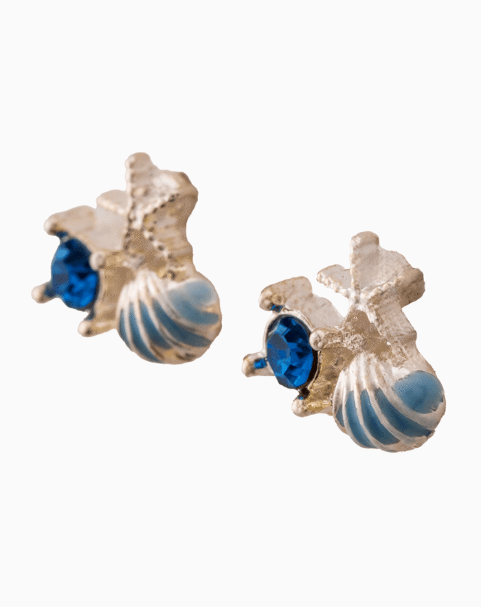 Nautical Shell & Starfish Stud Earrings with Blue Crystal
