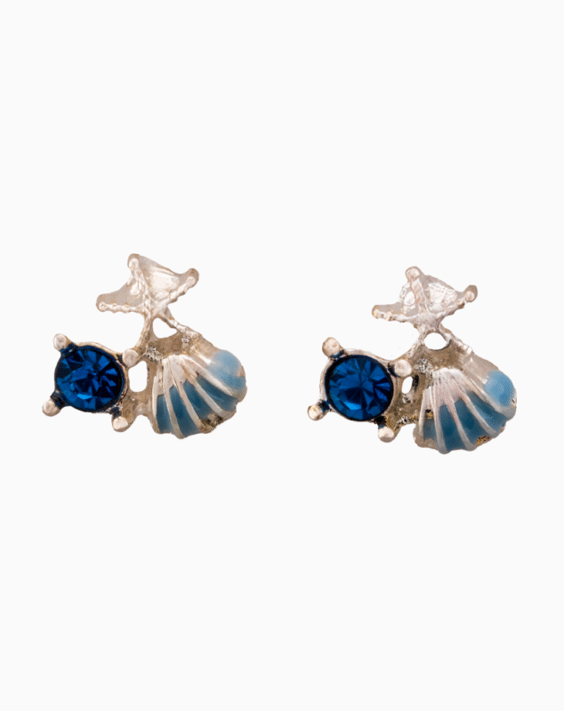 Nautical Shell & Starfish Stud Earrings with Blue Crystal