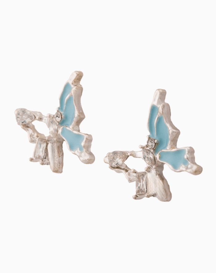 `Blue Enamel Bow Stud Earrings with Mixed-Cut Crystals