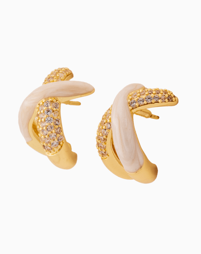 Shooka Cream Enamel & Crystal Crossover Hoop Earrings