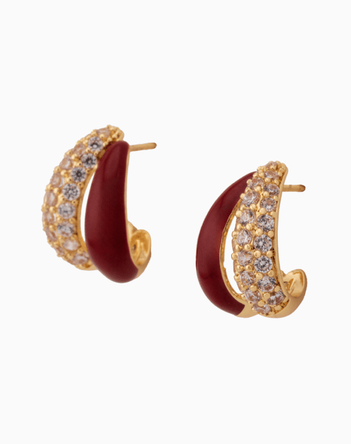Shooka Maroon Enamel & Crystal Double Hoop Earrings