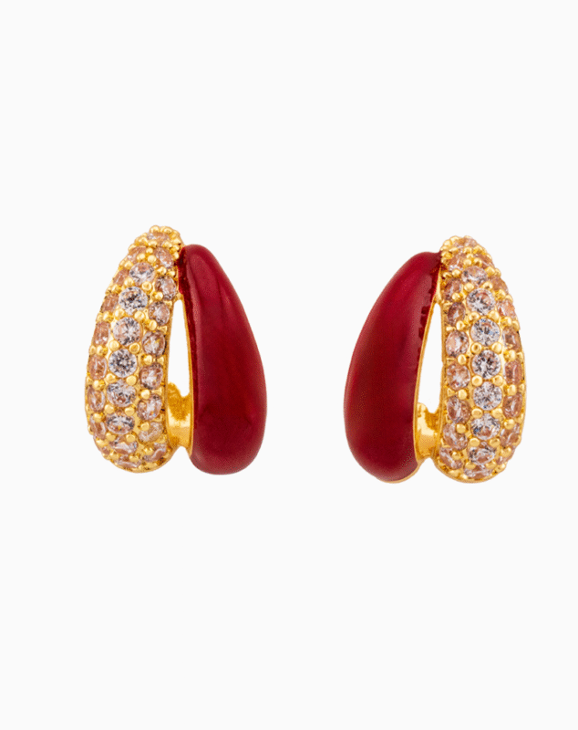 Shooka Maroon Enamel & Crystal Double Hoop Earrings