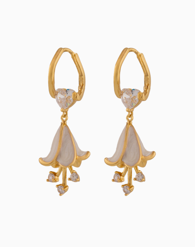 Shooka Pearly White Bellflower Dangle Earrings with Heart Crystal
