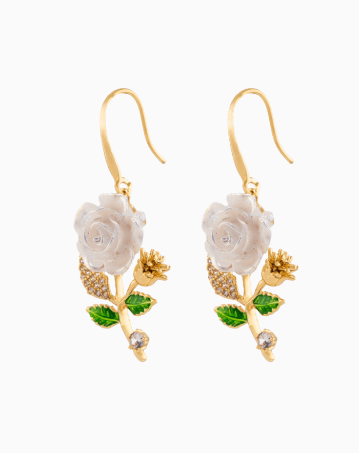 EAWGOCXX01000024-1 Shooka Women's White Rose Branch Dangle Earrings