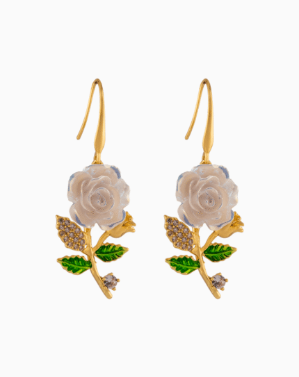 Shooka Women's White Rose Branch Dangle Earrings