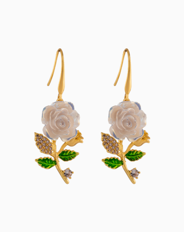 Shooka Women's White Rose Branch Dangle Earrings