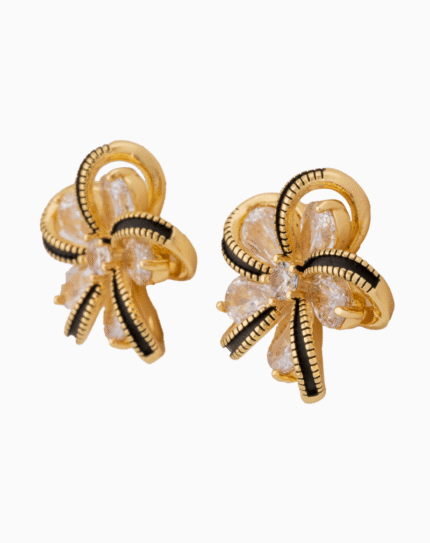 Shooka Women's Flower Stud Earrings with Champagne Stones & Black Enamel