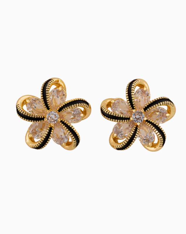 Shooka Women's Flower Stud Earrings with Champagne Stones & Black Enamel