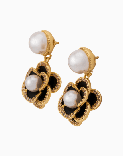 Shooka Camellia Flower Dangle Earrings with Pearl & Crystals for Women