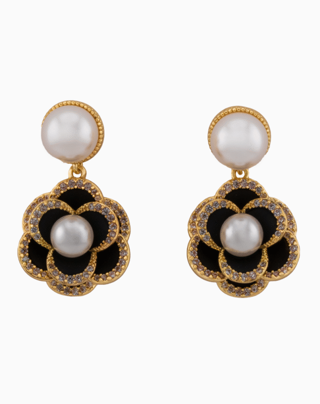 Shooka Camellia Flower Dangle Earrings with Pearl & Crystals for Women