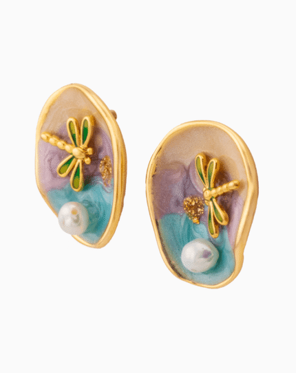 Shooka Enamel Dragonfly & Pearl Stud Earrings