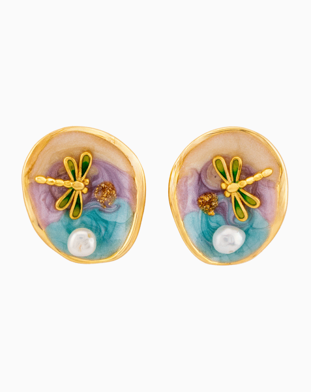 Shooka Enamel Dragonfly & Pearl Stud Earrings