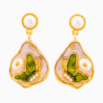 Shooka Handmade Pearl & Leaf Enamel Dangle Earrings