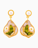 Shooka Handmade Pearl & Leaf Enamel Dangle Earrings