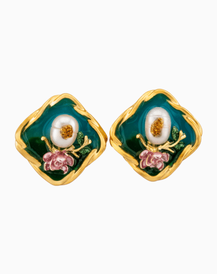Shooka Handmade Baroque Pearl & Flower Enamel Stud Earrings