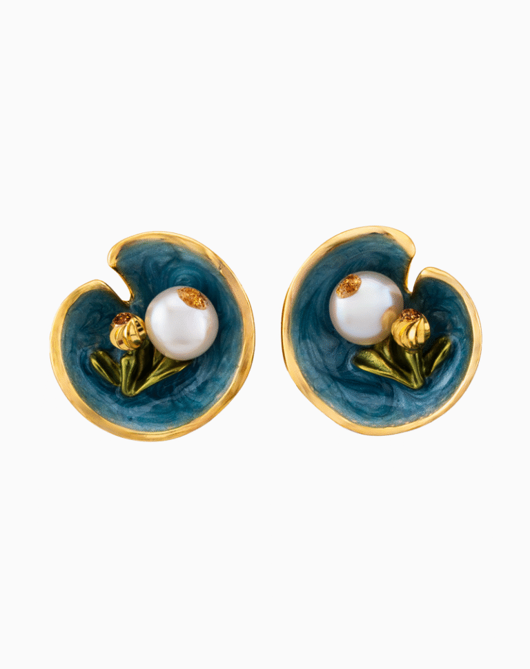 Shooka Handmade Water Lily & Pearl Stud Earrings