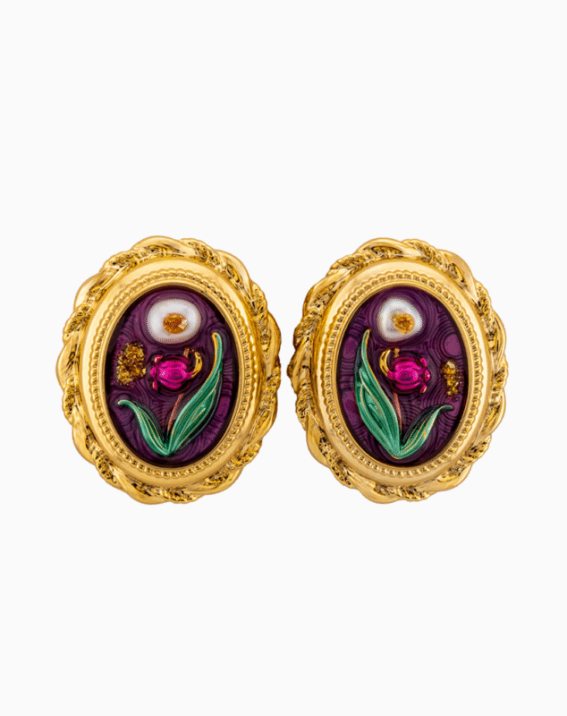 Shooka Vintage Framed Tulip & Pearl Enamel Earrings
