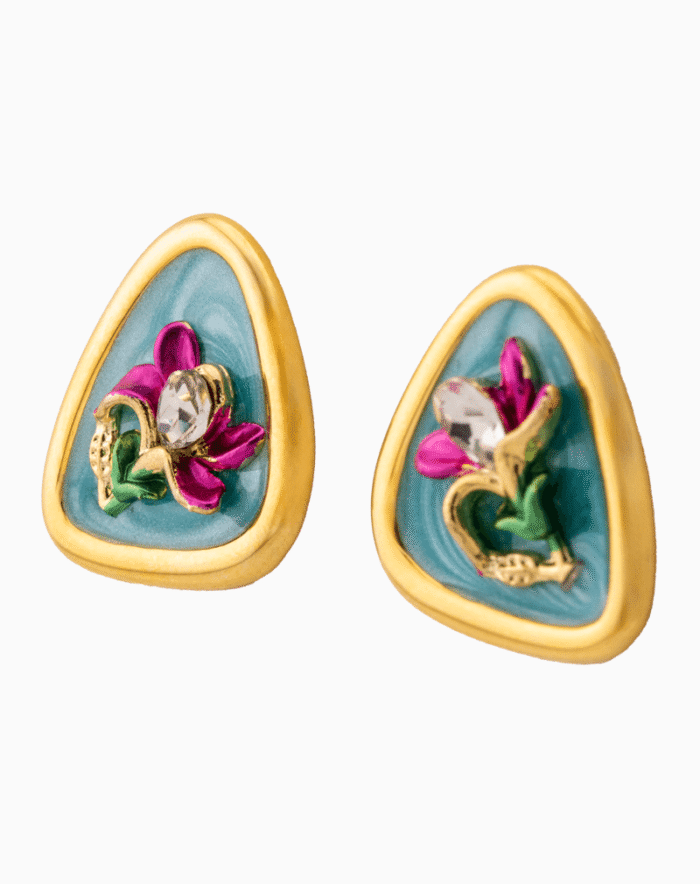 `Shooka Triangular Orchid Enamel Stud Earrings