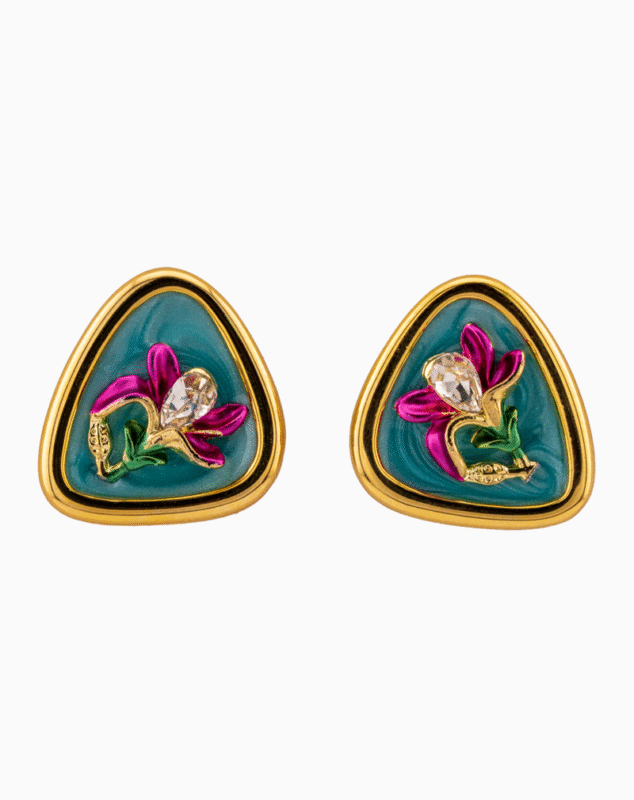 `Shooka Triangular Orchid Enamel Stud Earrings