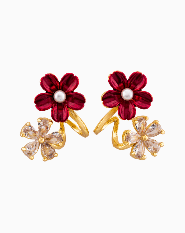 Shooka Red Enamel & Crystal Flower Ear Crawler Earrings