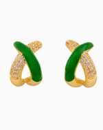 Shooka Green Enamel & Crystal Crossover Hoop Earrings