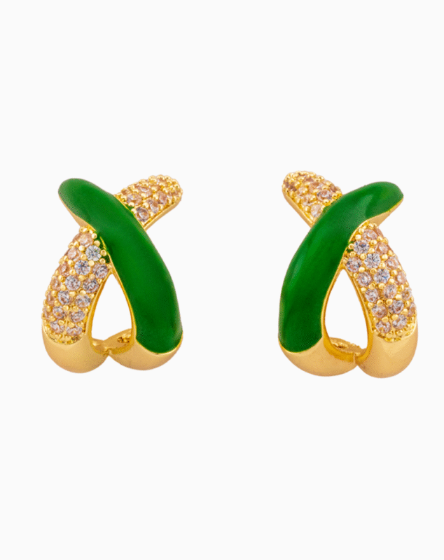 Shooka Green Enamel & Crystal Crossover Hoop Earrings