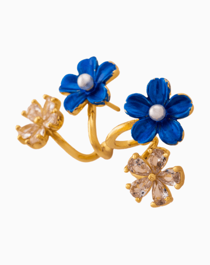 Shooka Blue Enamel & Crystal Flower Ear Crawler Earrings
