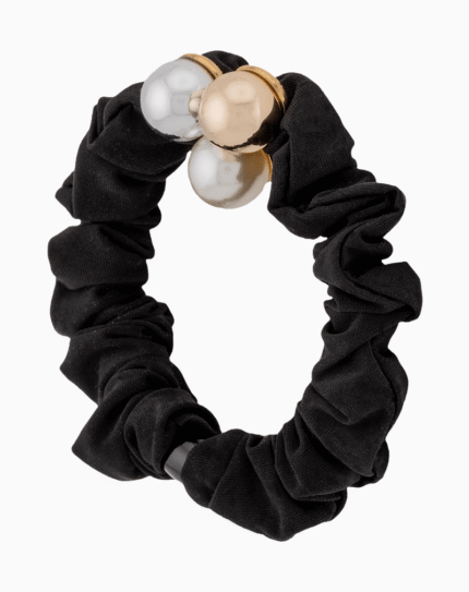 Shooka Black Scrunchie with Gold, Silver & Pearl Sphere Charm