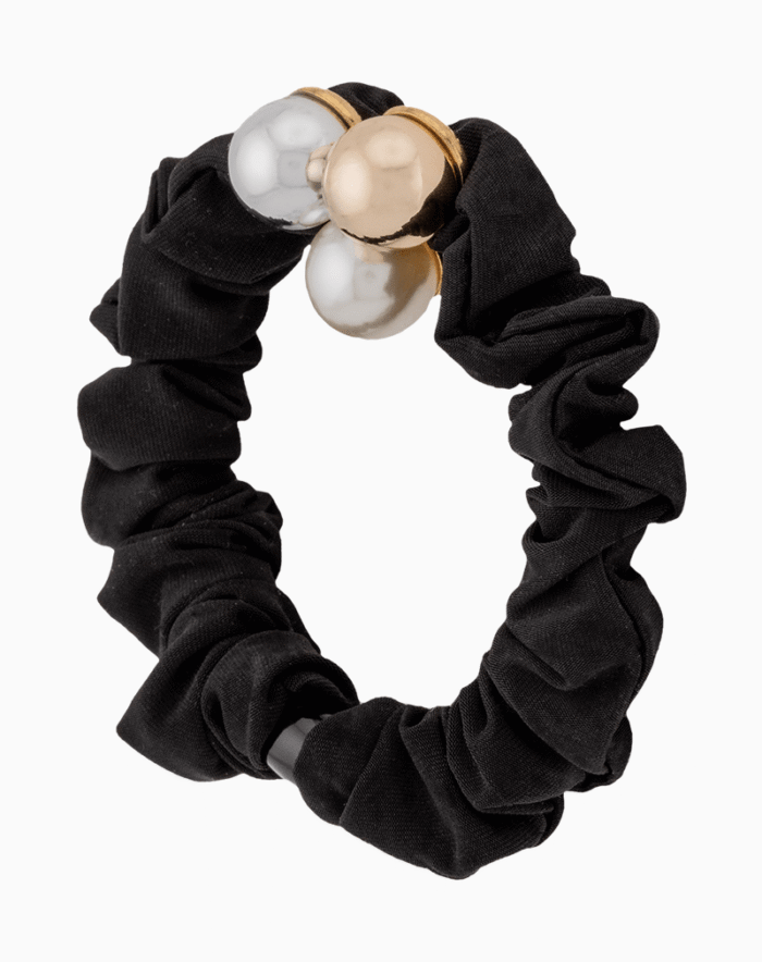 Shooka Black Scrunchie with Gold, Silver & Pearl Sphere Charm