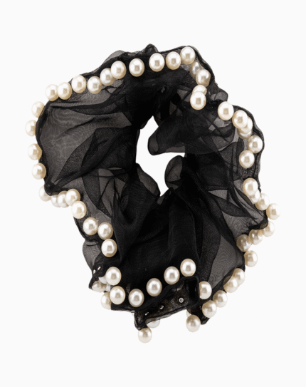 `Shooka Black Organza Scrunchie with Pearls