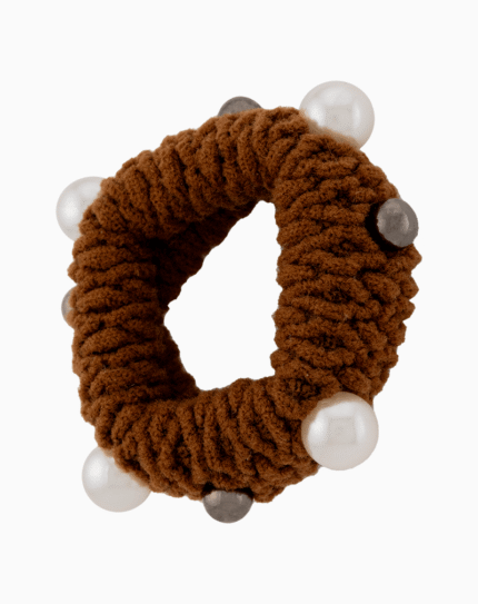 Shooka Brown Knitted Hair Tie with Pearl & Metallic Beads