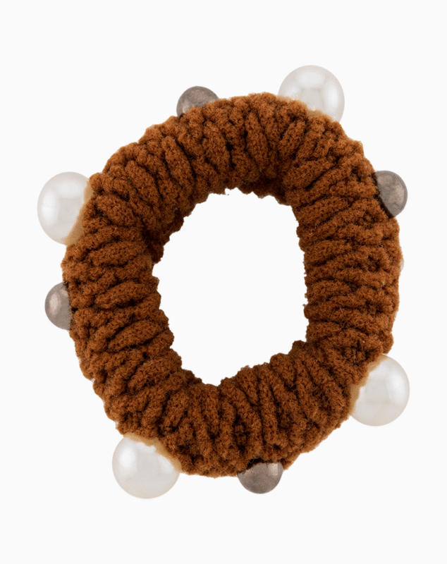 Shooka Brown Knitted Hair Tie with Pearl & Metallic Beads