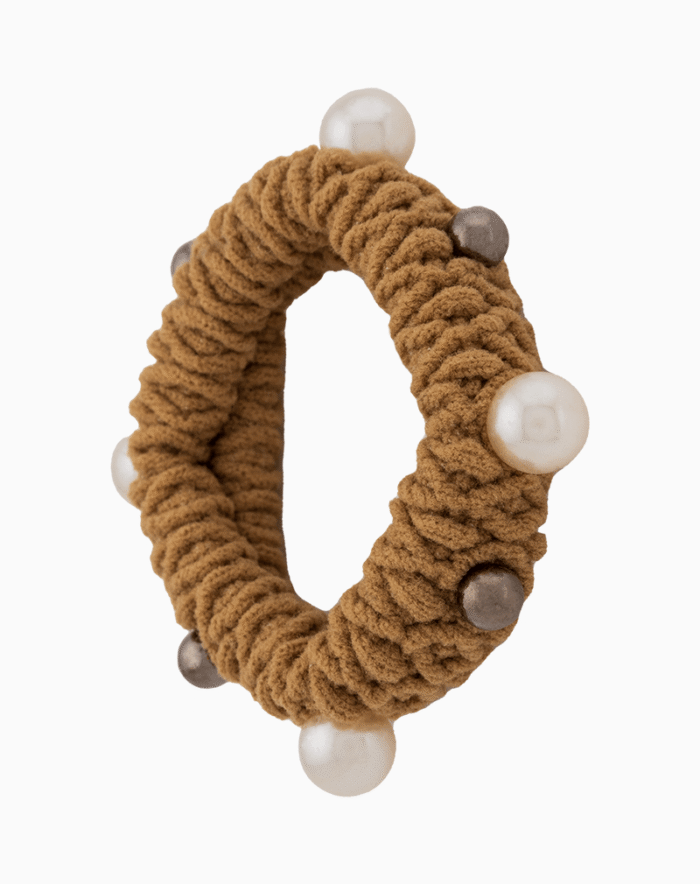 Shooka Caramel Knitted Hair Tie with Pearl & Metallic Beads