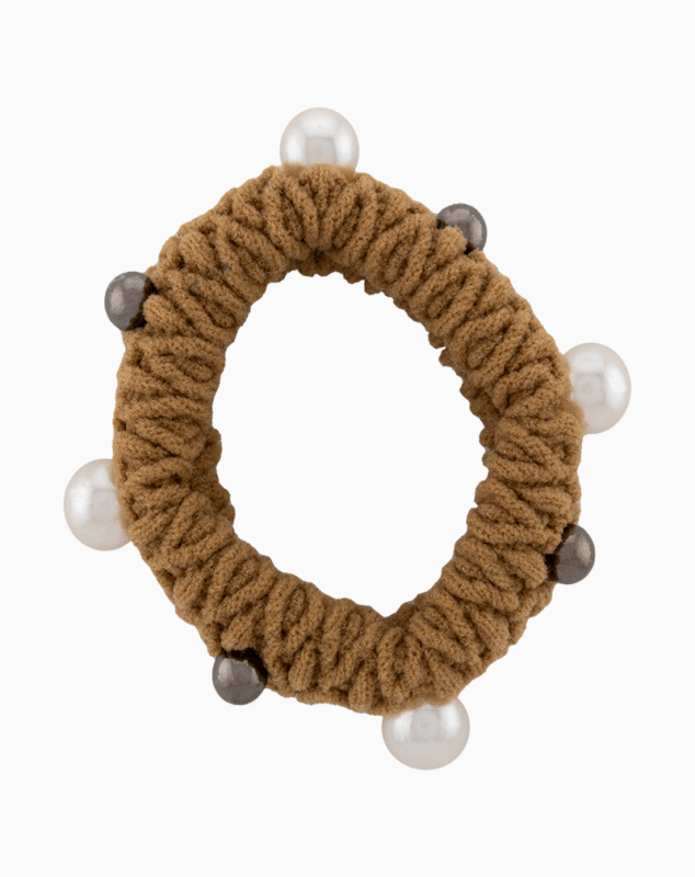 Shooka Caramel Knitted Hair Tie with Pearl & Metallic Beads