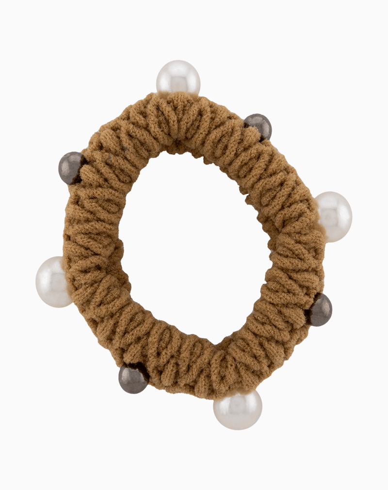 HEWMFCXX03000027 Shooka Caramel Knitted Hair Tie with Pearl & Metallic Beads