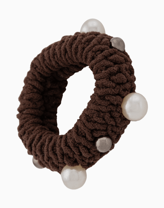 Shooka Dark Brown Knitted Hair Tie with Pearl & Metallic Beads