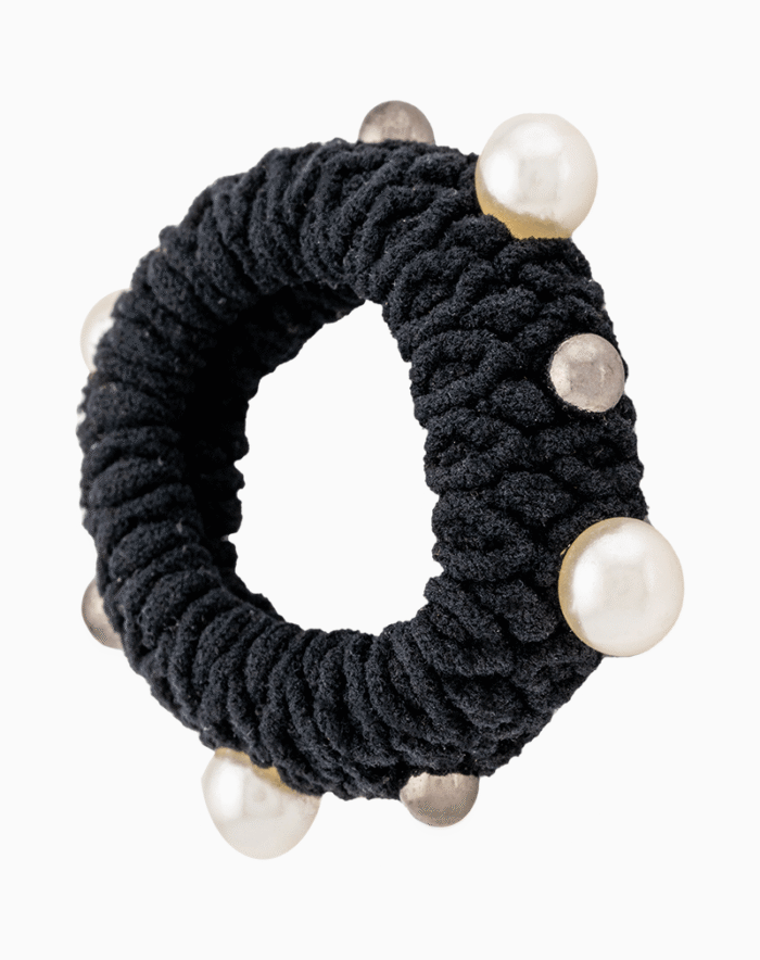 Shooka Black Knitted Hair Tie with Pearl & Metallic Beads