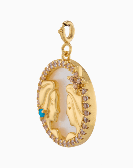 Shoucka Gemini Zodiac Pendant | Gold Plated Twins Medallion with Turquoise