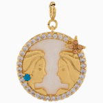 Shoucka Gemini Zodiac Pendant | Gold Plated Twins Medallion with Turquoise