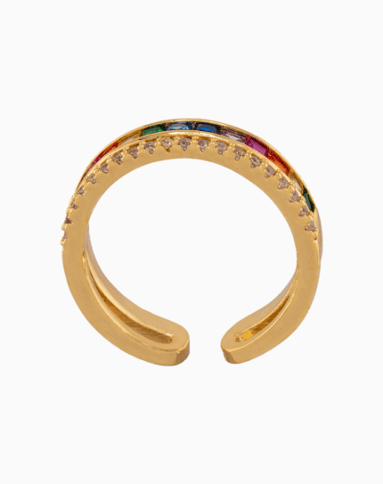 shoucka Double Band Rainbow & Pavé Ring | Gold-Tone Adjustable