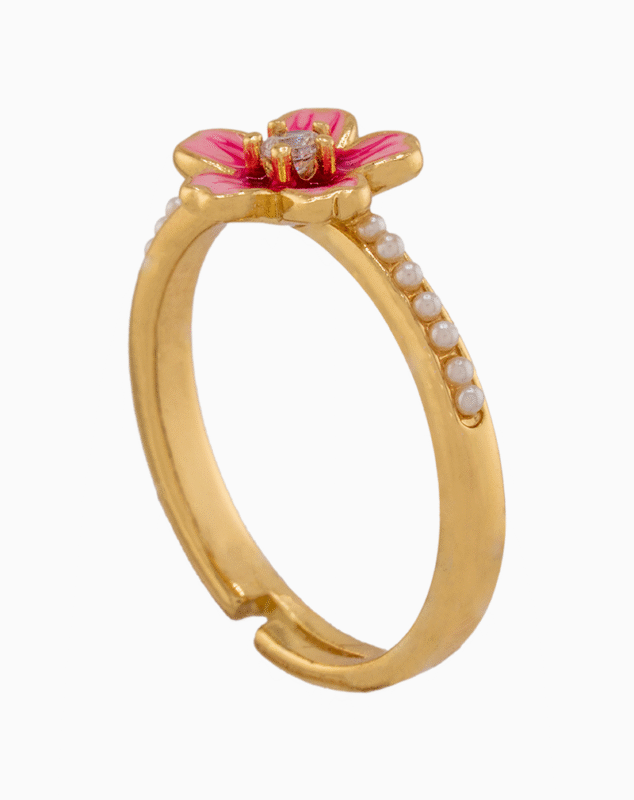 shoucka Enamel Flower & Pearl Ring | Gold-Tone Adjustable