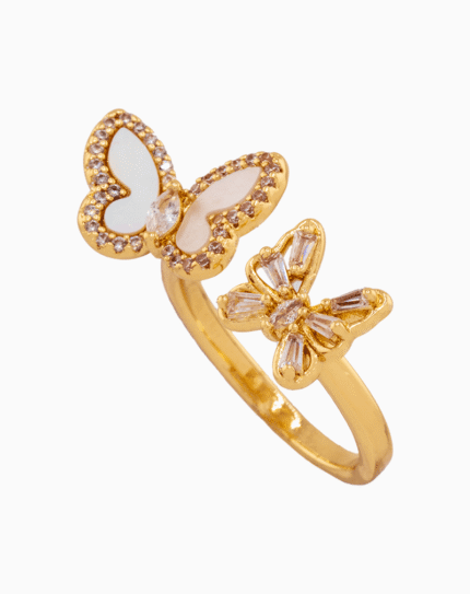 shoucka Double Butterfly Mother of Pearl & Crystal Ring | Gold-Tone