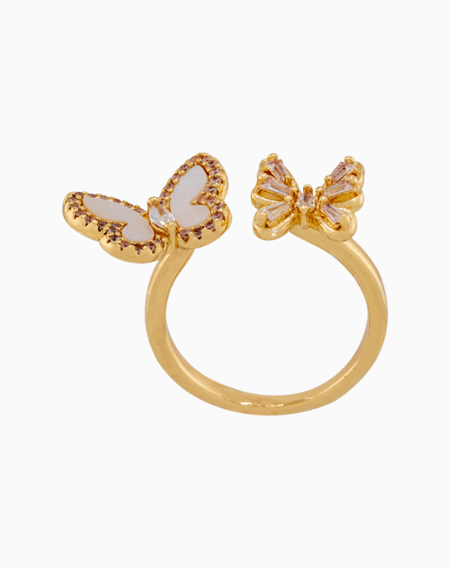 shoucka Double Butterfly Mother of Pearl & Crystal Ring | Gold-Tone