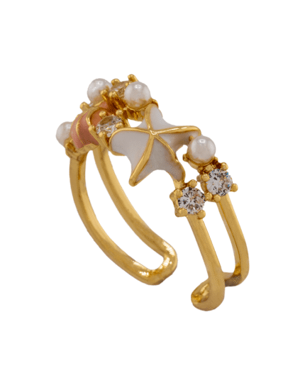 shoucka Women's Nautical Shell & Starfish Ring | Gold-Tone Adjustable