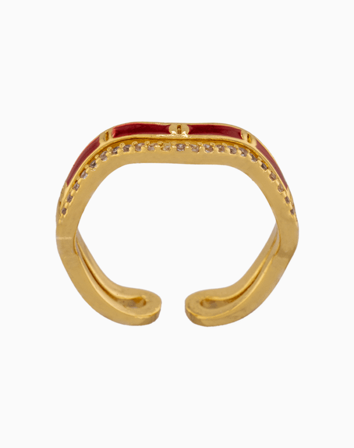 shoucka Wavy Crossover Ring with Red Enamel & Pavé CZ | Gold-Tone